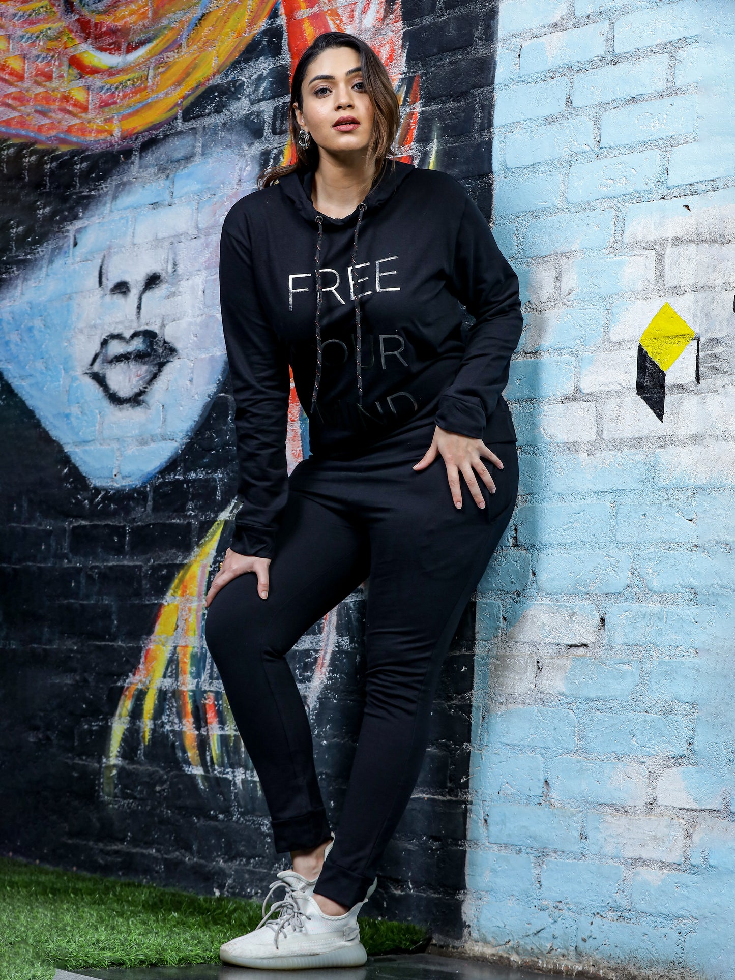 Jet Black Hosiery Cotton Winter Track Suit for Women with Hoodie and Tapered Pan