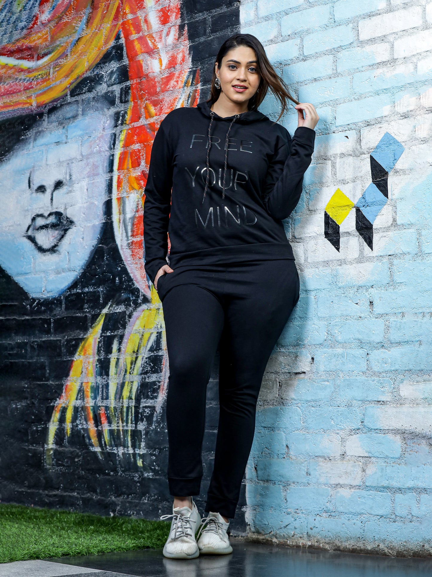Jet Black Hosiery Cotton Winter Track Suit for Women with Hoodie and Tapered Pan
