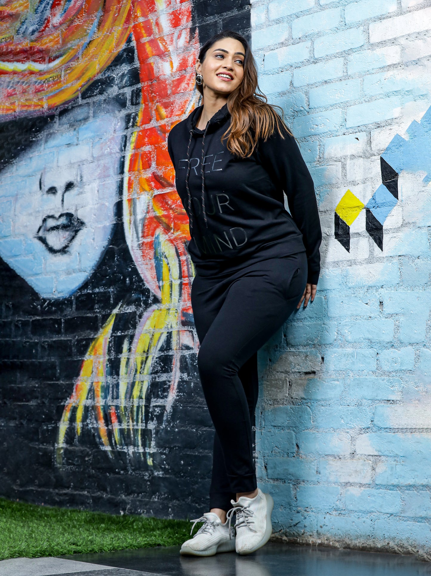 Jet Black Hosiery Cotton Winter Track Suit for Women with Hoodie and Tapered Pan