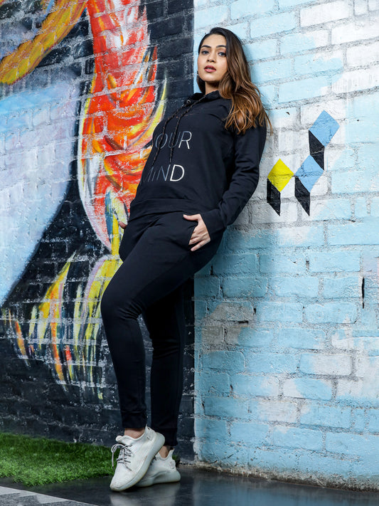 Jet Black Hosiery Cotton Winter Track Suit for Women with Hoodie and Tapered Pan