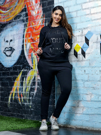 Jet Black Hosiery Cotton Winter Track Suit for Women with Hoodie and Tapered Pan