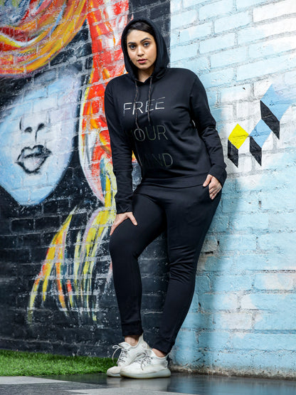 Jet Black Hosiery Cotton Winter Track Suit for Women with Hoodie and Tapered Pan