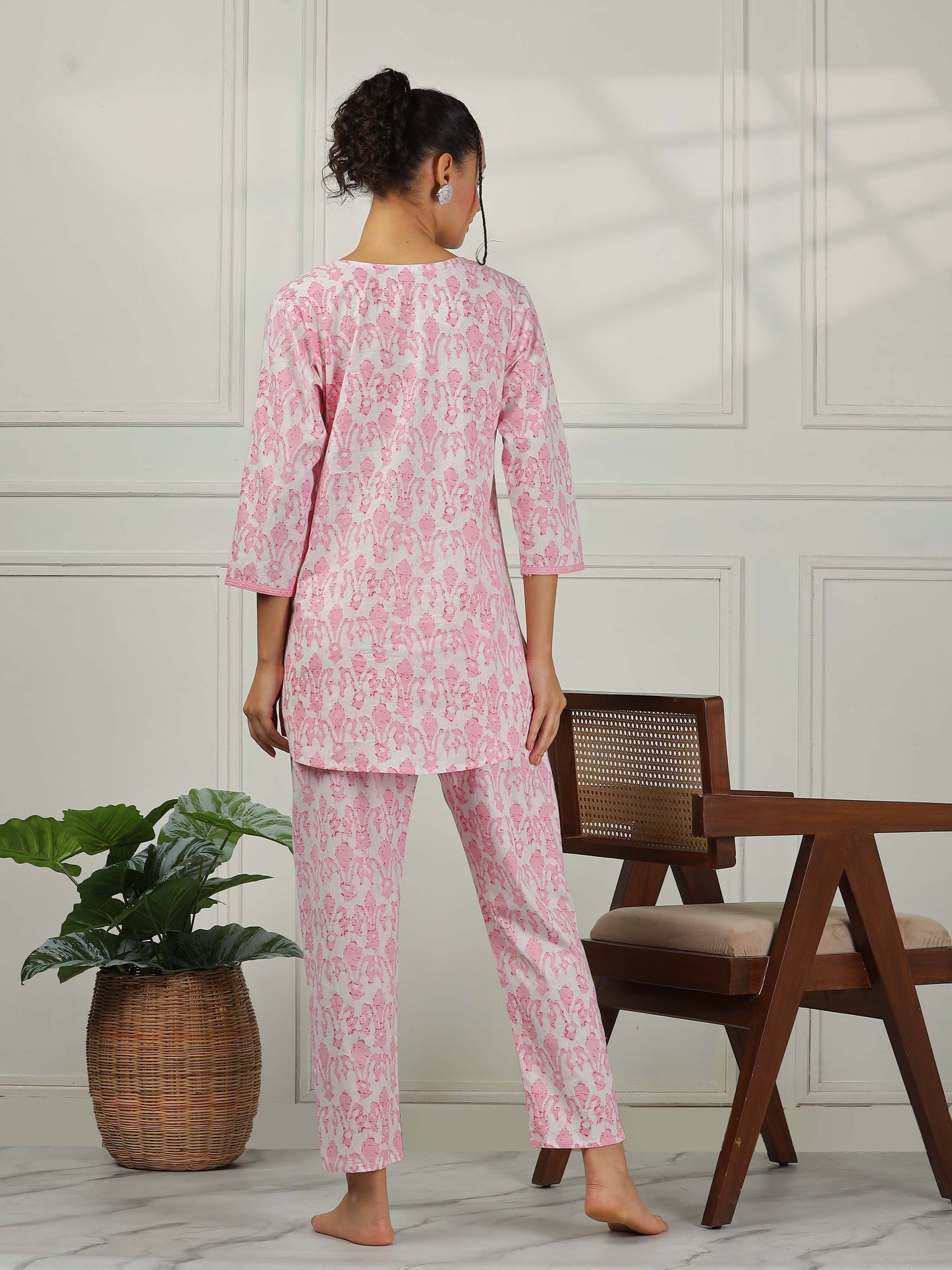 Blush Pink Cotton Coord Set for Women – Floral Print Sleepwear & Lounge Set