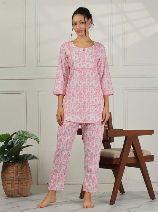 Blush Pink Cotton Coord Set for Women – Floral Print Sleepwear & Lounge Set