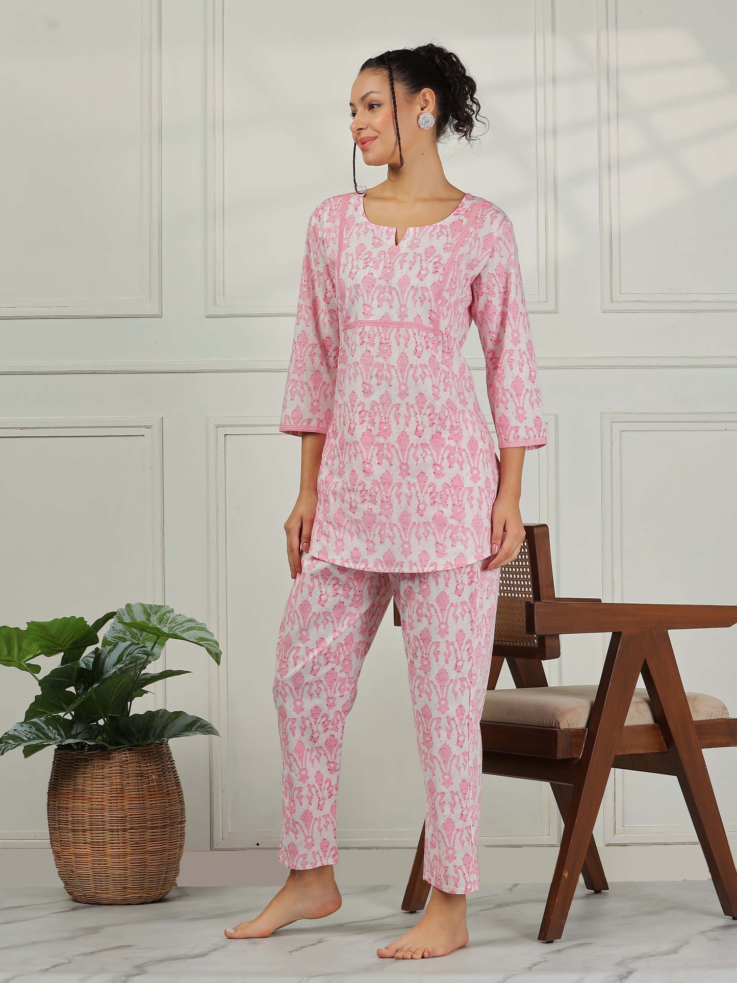 Blush Pink Cotton Coord Set for Women – Floral Print Sleepwear & Lounge Set