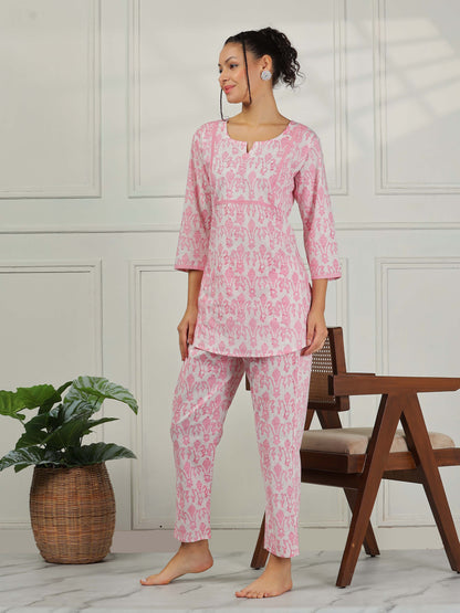 Blush Pink Cotton Coord Set for Women – Floral Print Sleepwear & Lounge Set