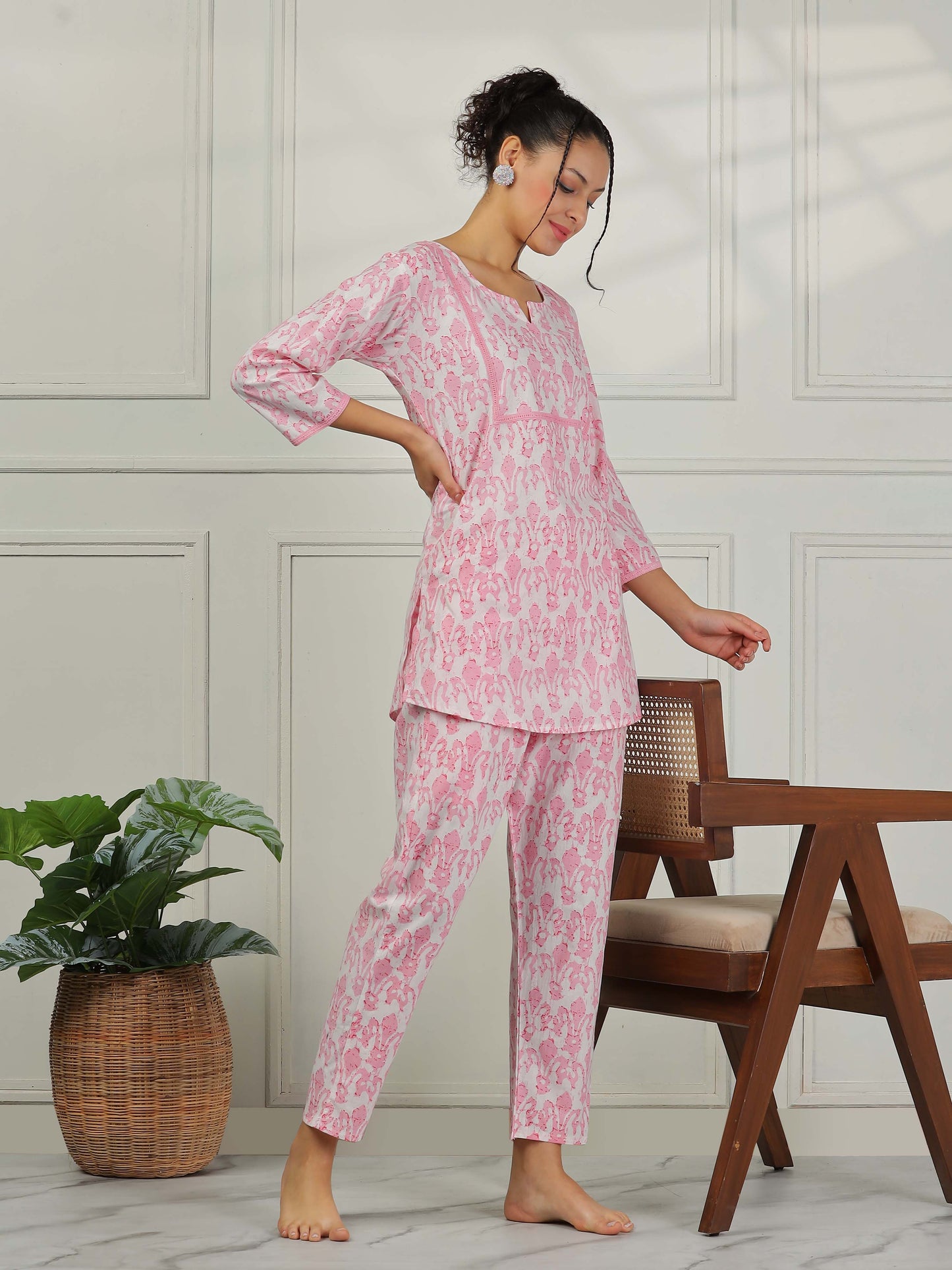 Blush Pink Cotton Coord Set for Women – Floral Print Sleepwear & Lounge Set
