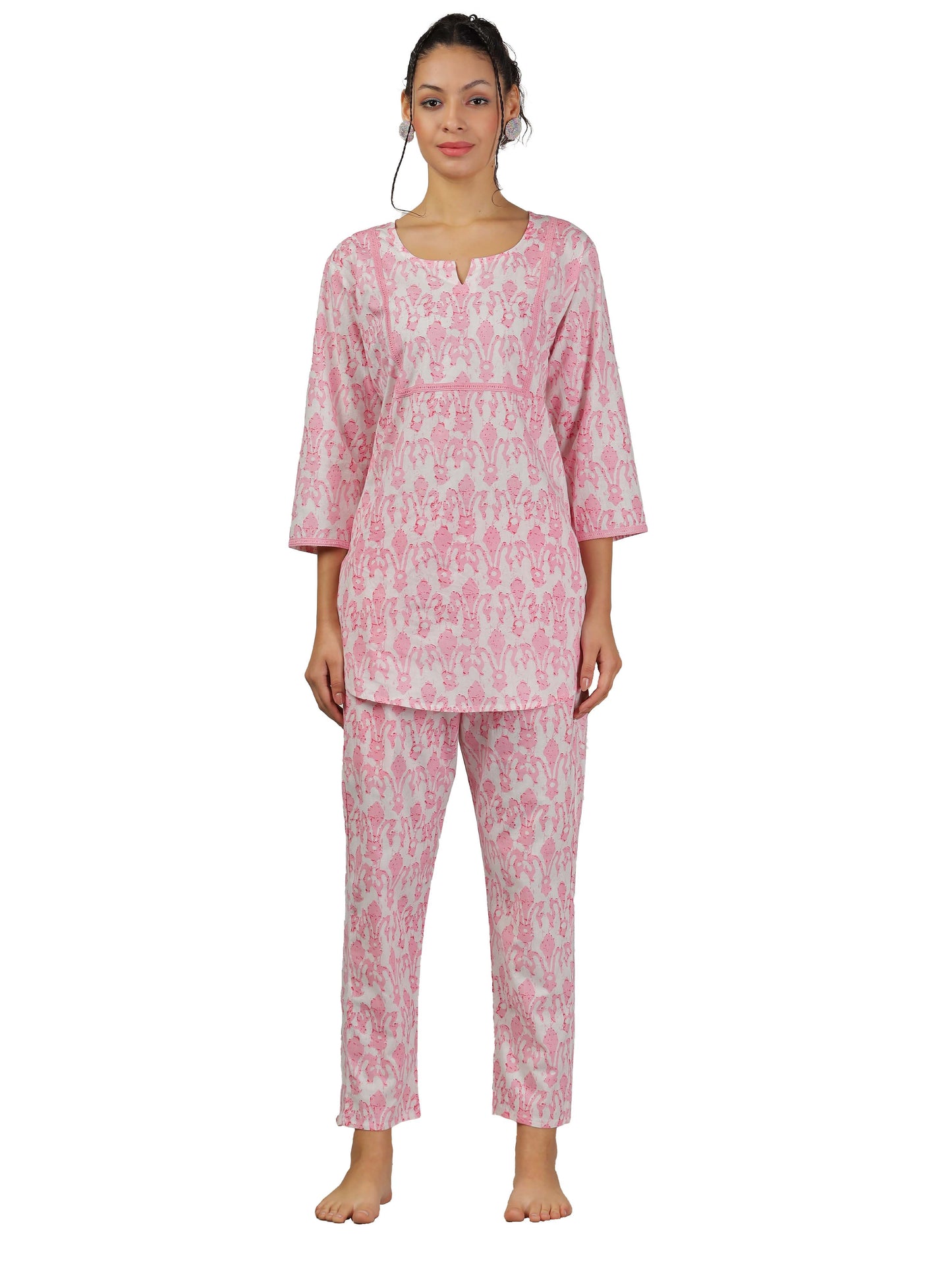 Blush Pink Cotton Coord Set for Women – Floral Print Sleepwear & Lounge Set