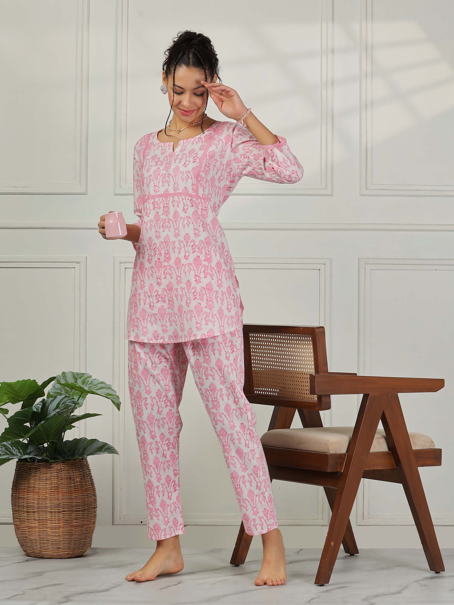 Blush Pink Cotton Coord Set for Women – Floral Print Sleepwear & Lounge Set