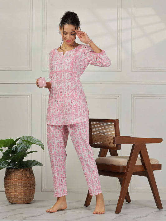 Blush Pink Cotton Coord Set for Women – Floral Print Sleepwear & Lounge Set
