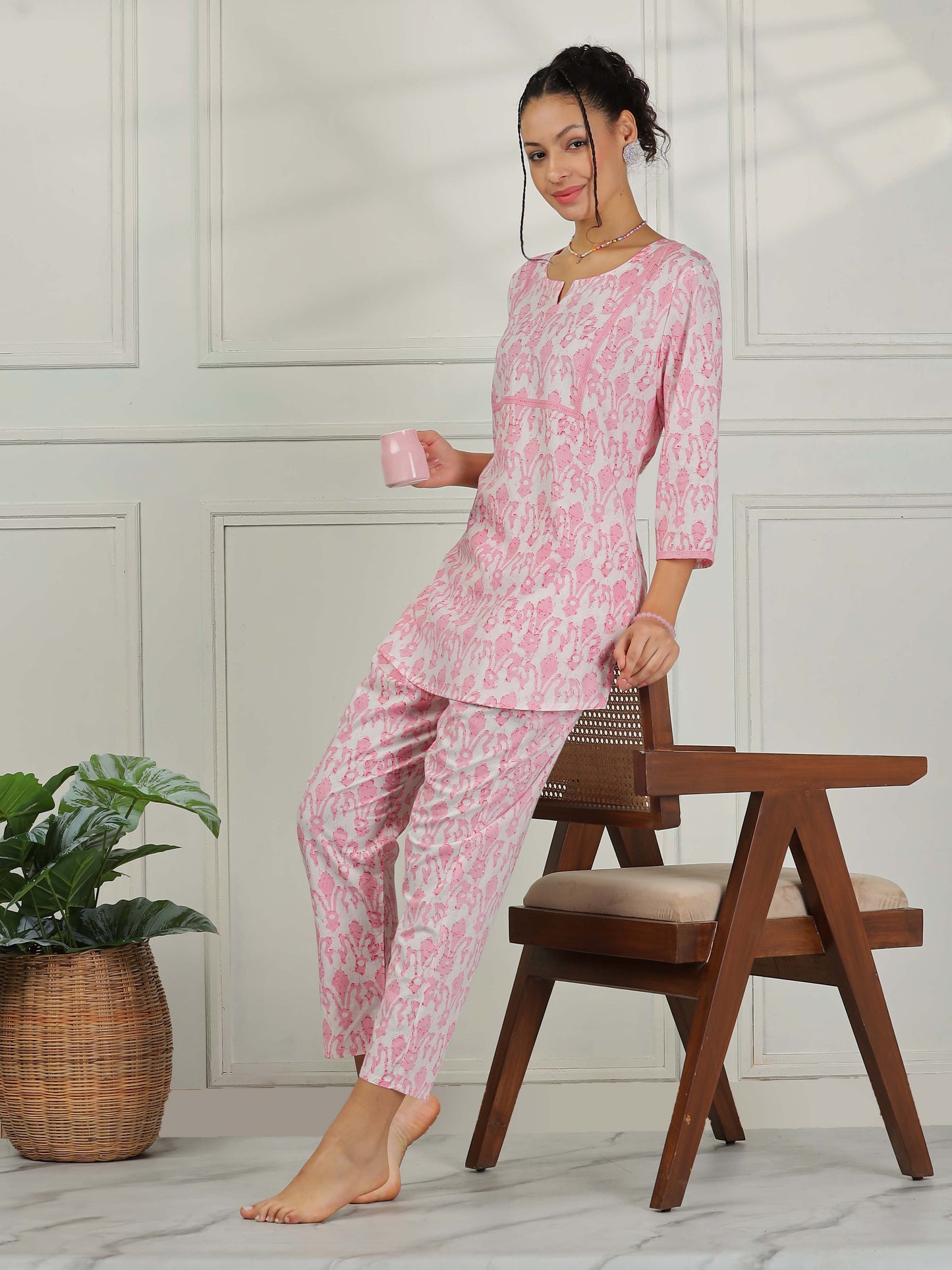 Blush Pink Cotton Coord Set for Women – Floral Print Sleepwear & Lounge Set