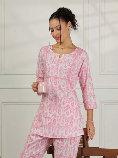 Blush Pink Cotton Coord Set for Women – Floral Print Sleepwear & Lounge Set