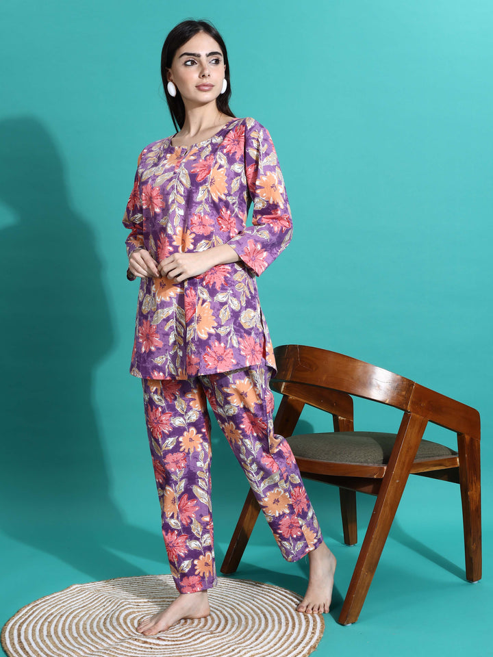 Purple Orange Floral Cotton Women’s Pajama Set Perfect for Daily and Travel Wear