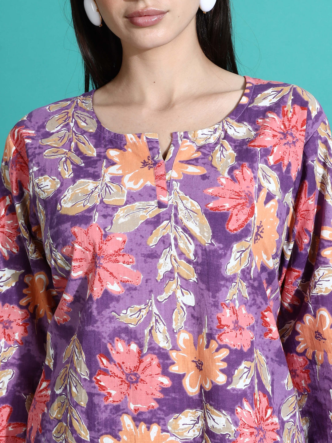 Purple Orange Floral Cotton Women’s Pajama Set Perfect for Daily and Travel Wear