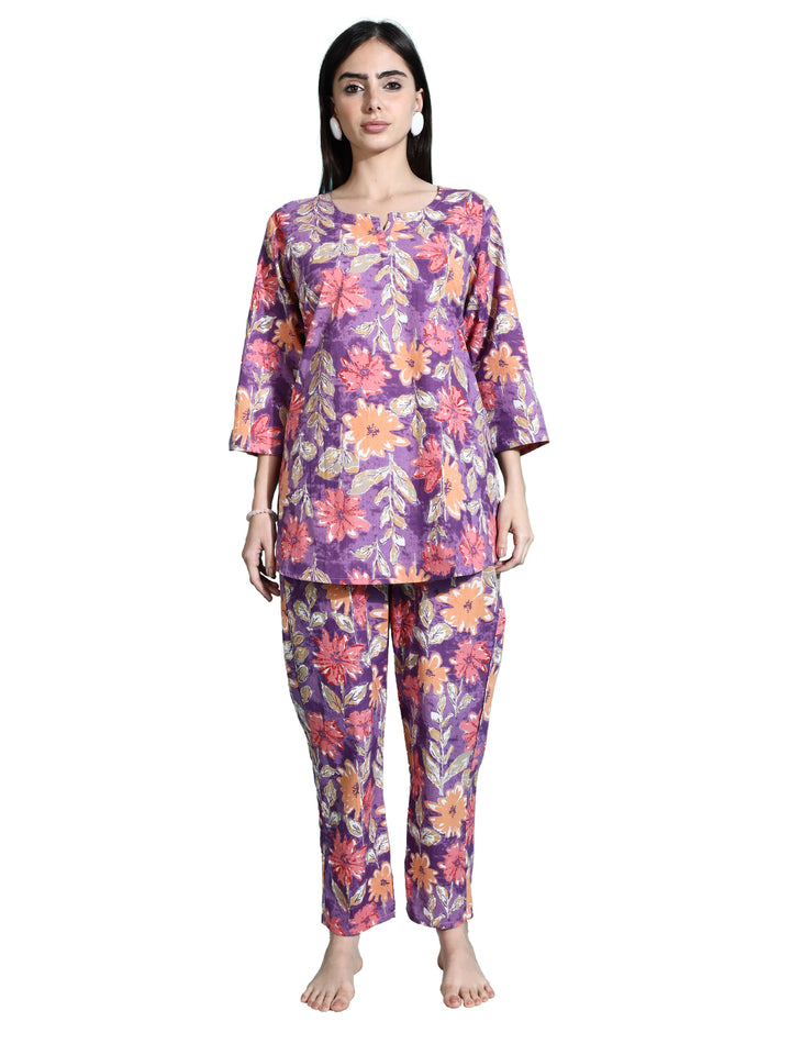 Purple Orange Floral Cotton Women’s Pajama Set Perfect for Daily and Travel Wear