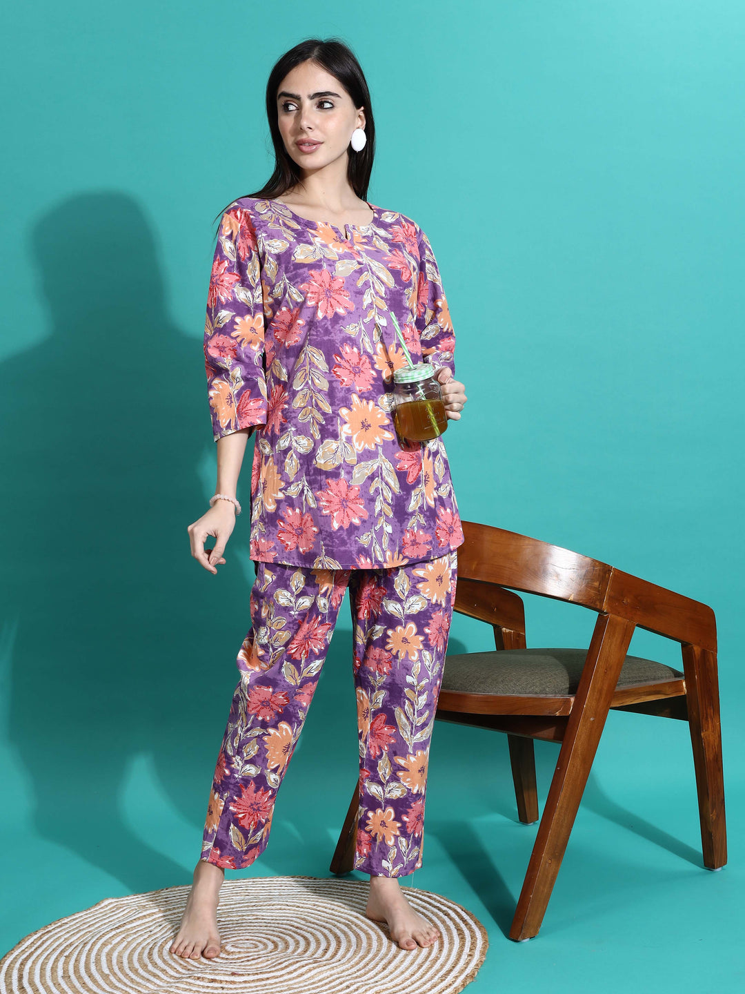 Purple Orange Floral Cotton Pajama Set For Women