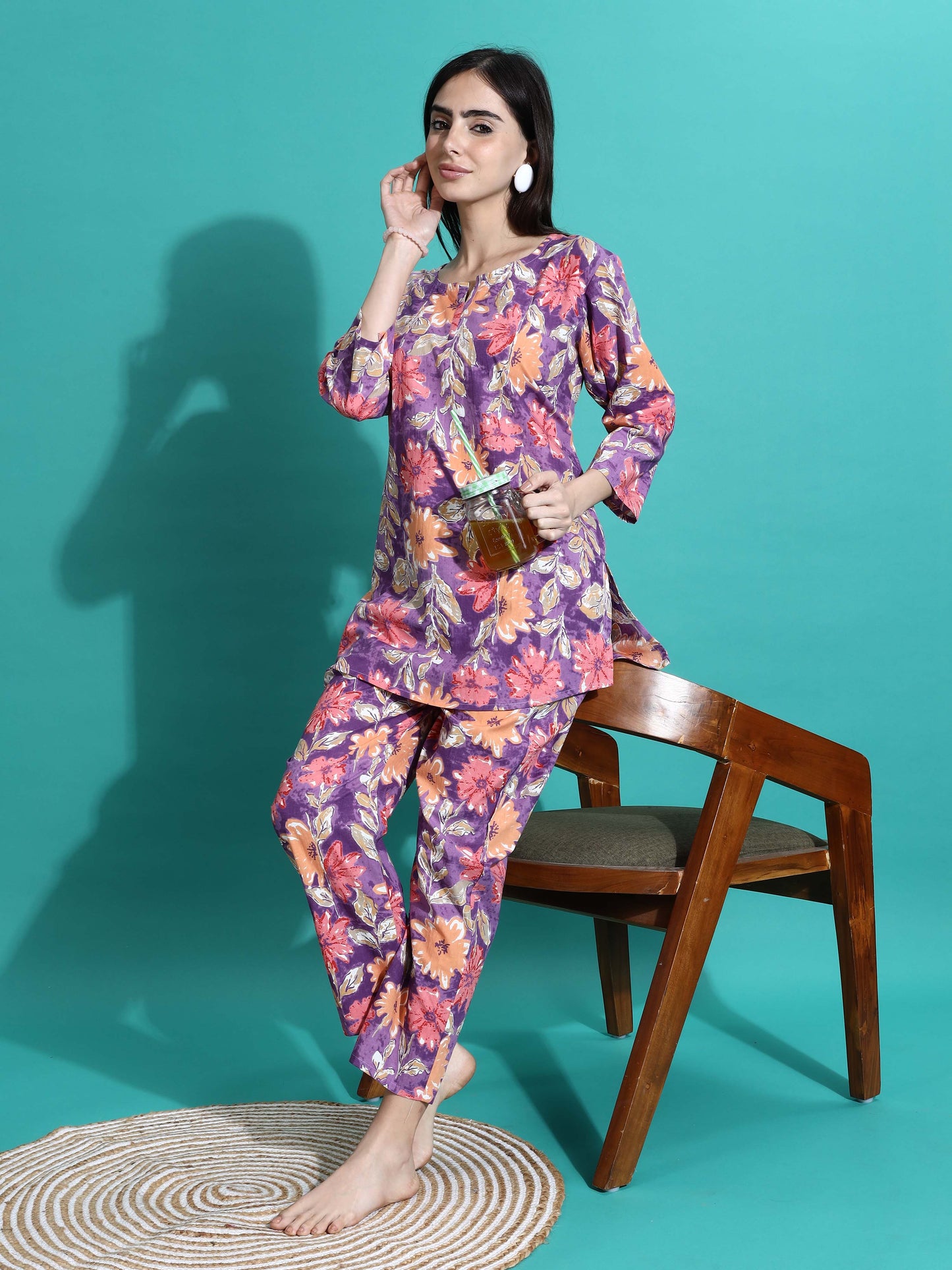 Purple Orange Floral Cotton Women’s Pajama Set Perfect for Daily and Travel Wear