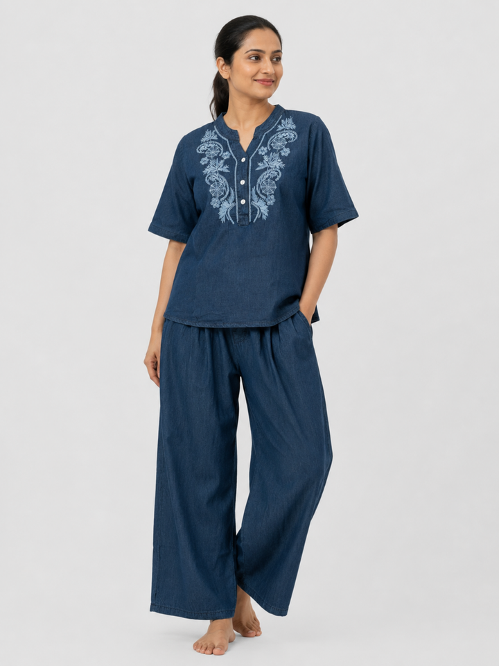 Dark Blue Denim Wash Cotton Co Ord Set for Women with Embroidery