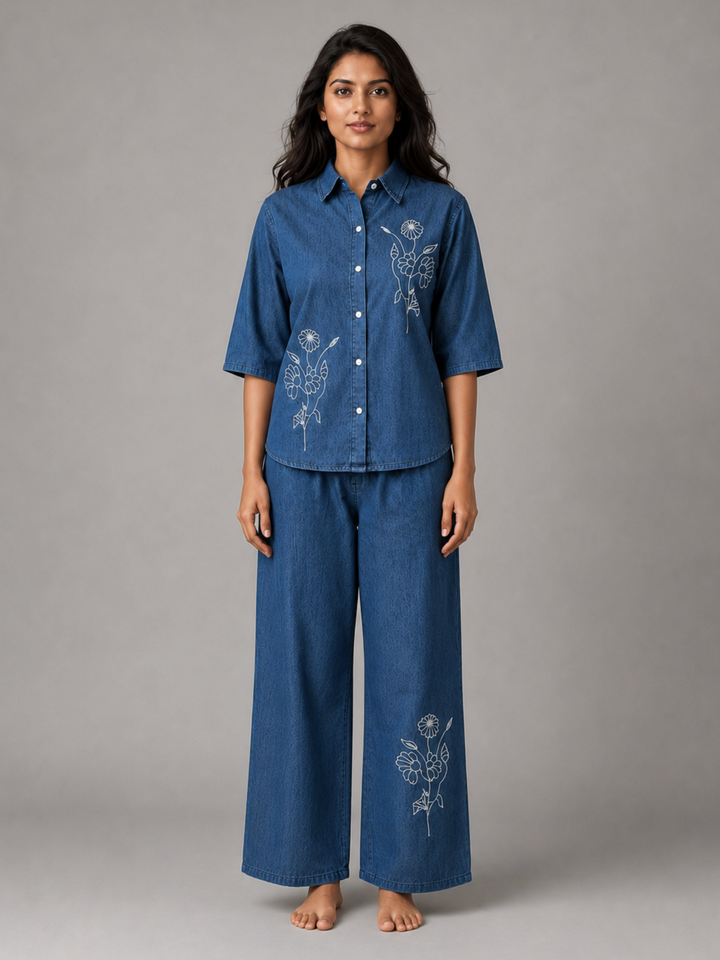 Light Blue Denim Co Ord Set for Women with Floral Embroidery