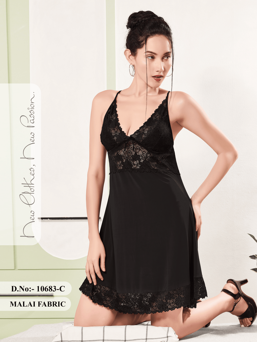 Black Love Malai Deep V Neck Lace Babydoll Nightwear