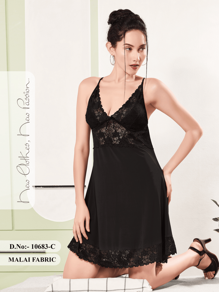 Black Love Malai Deep V Neck Lace Babydoll Nightwear