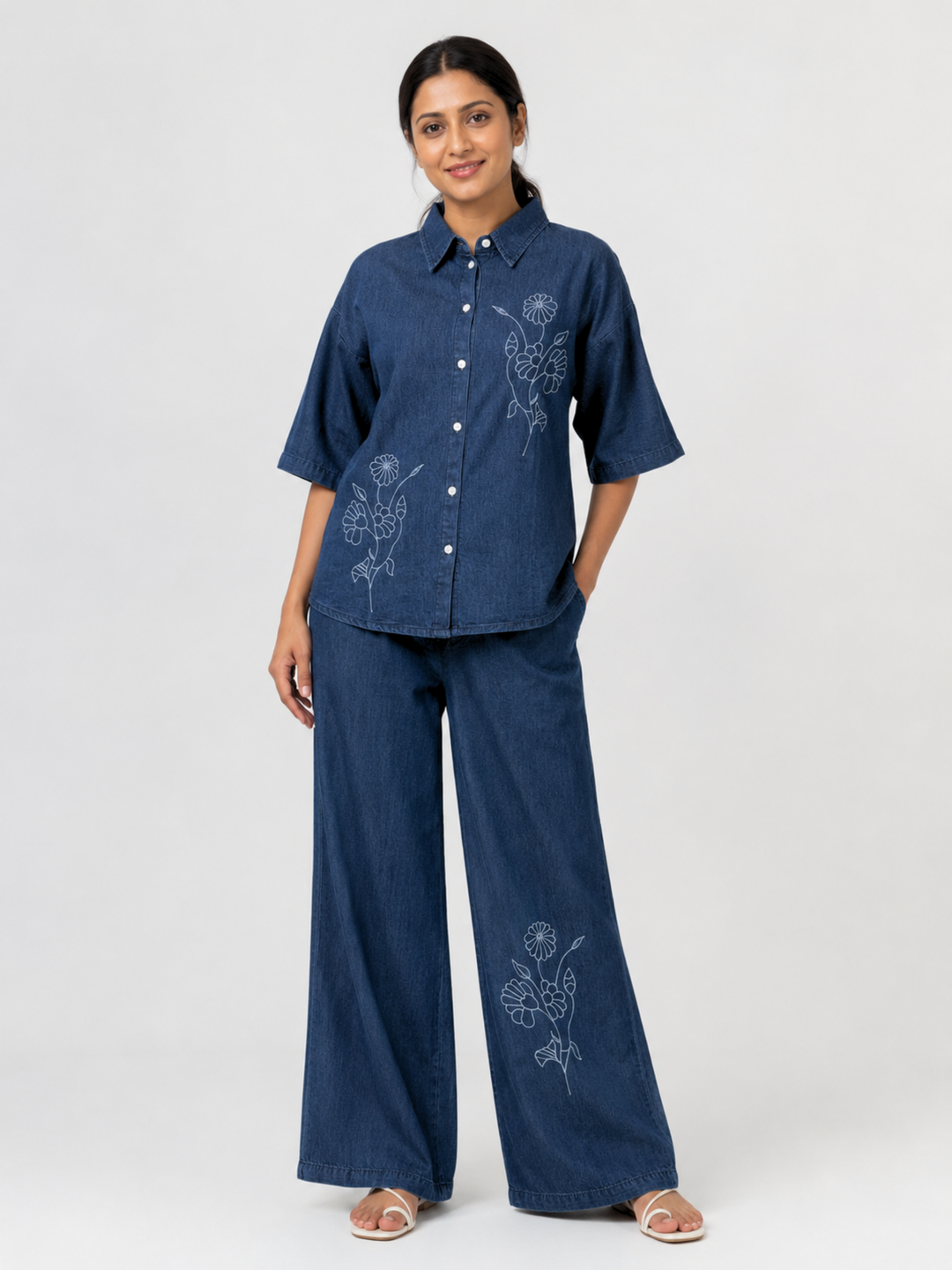 Dark Blue Denim Co Ord Set for Women with Floral Embroidery