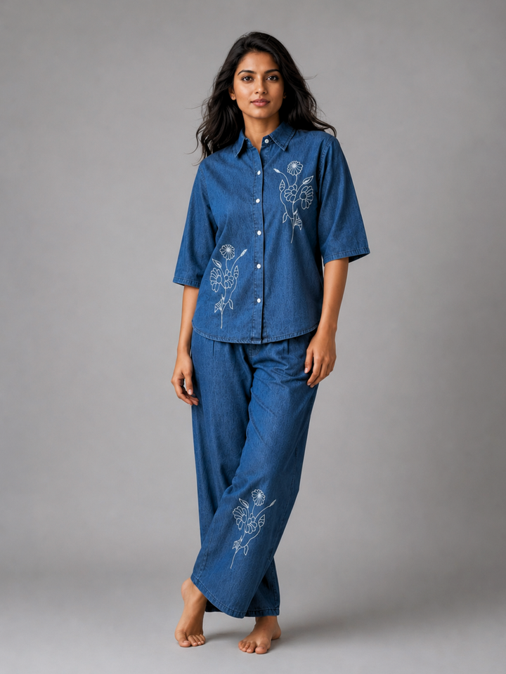 Dark Blue Denim Co Ord Set for Women with Floral Embroidery