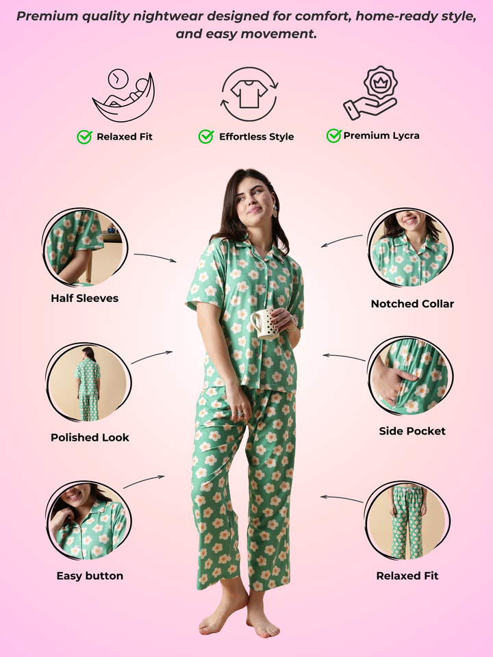 Flower Power Green Daisy Print Soft Loungewear Set