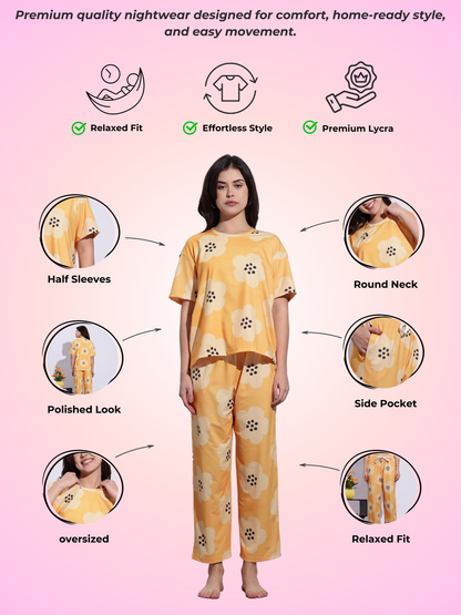 Sunshine Glow Premium Lycra Pajama Set with Oversized Floral Print