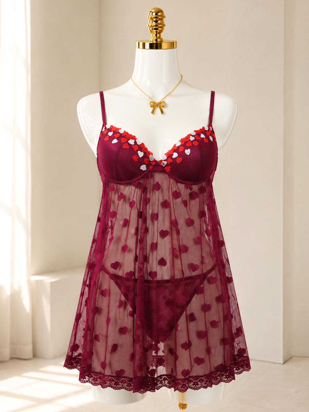 Cherry Flirt Power Net Heart Motif Babydoll Dress