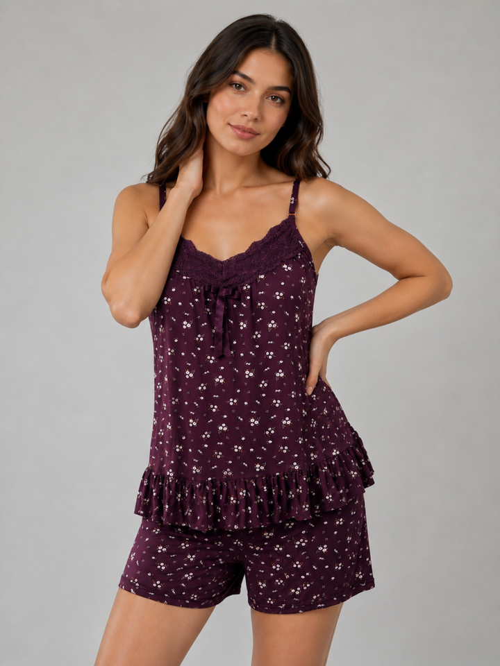 Floral Lace Babydoll Set Viscose Modal A Line Shorts Set for Women
