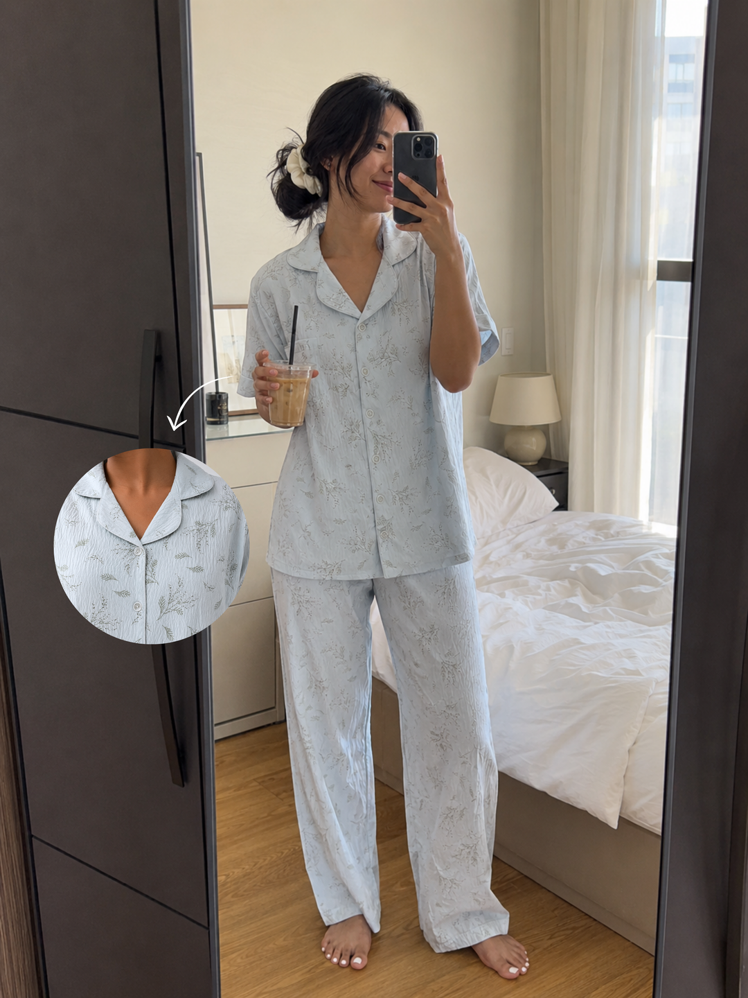 Pastel Blue Crush Fabric Botanical Sprig Print Korean Night Suit for Women