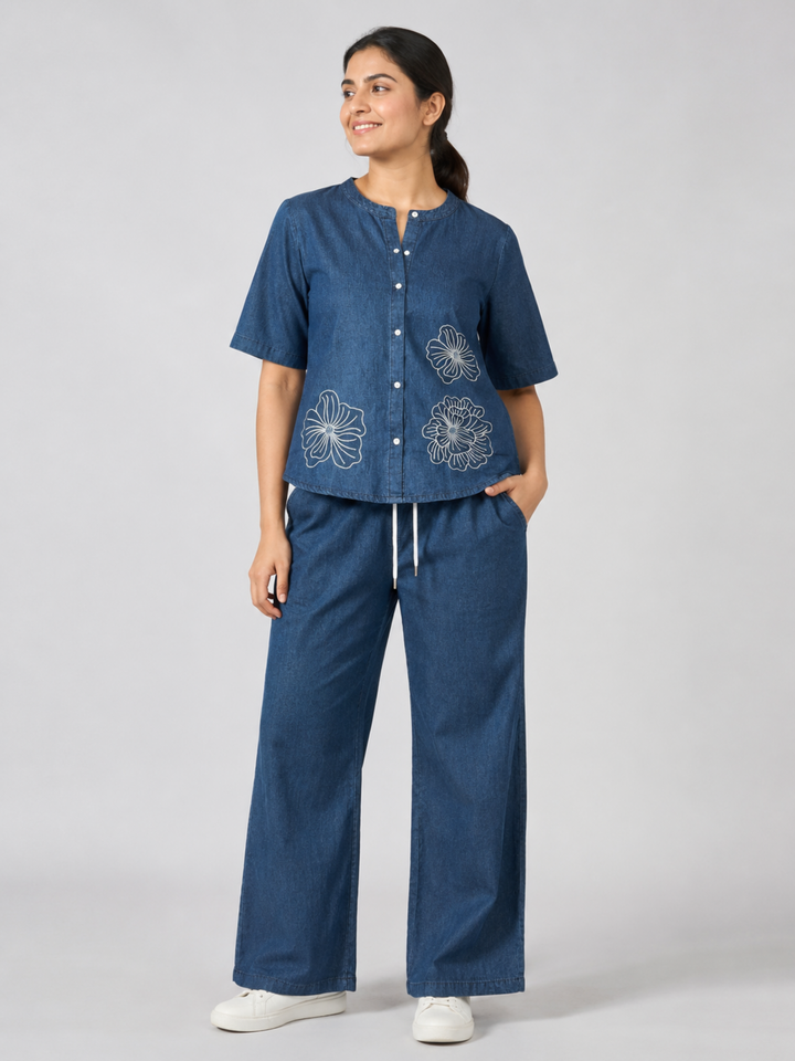 Light Blue Denim Co Ord Set for Women with Floral Embroidery