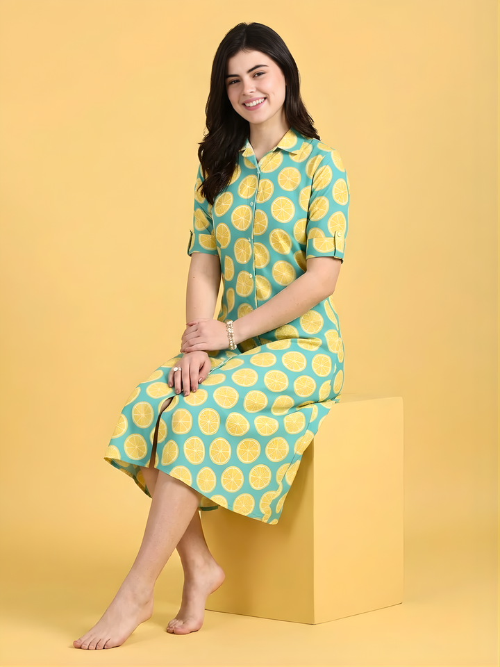 Fresh Fizz Button-Down Midi Loungewear Dress For Women