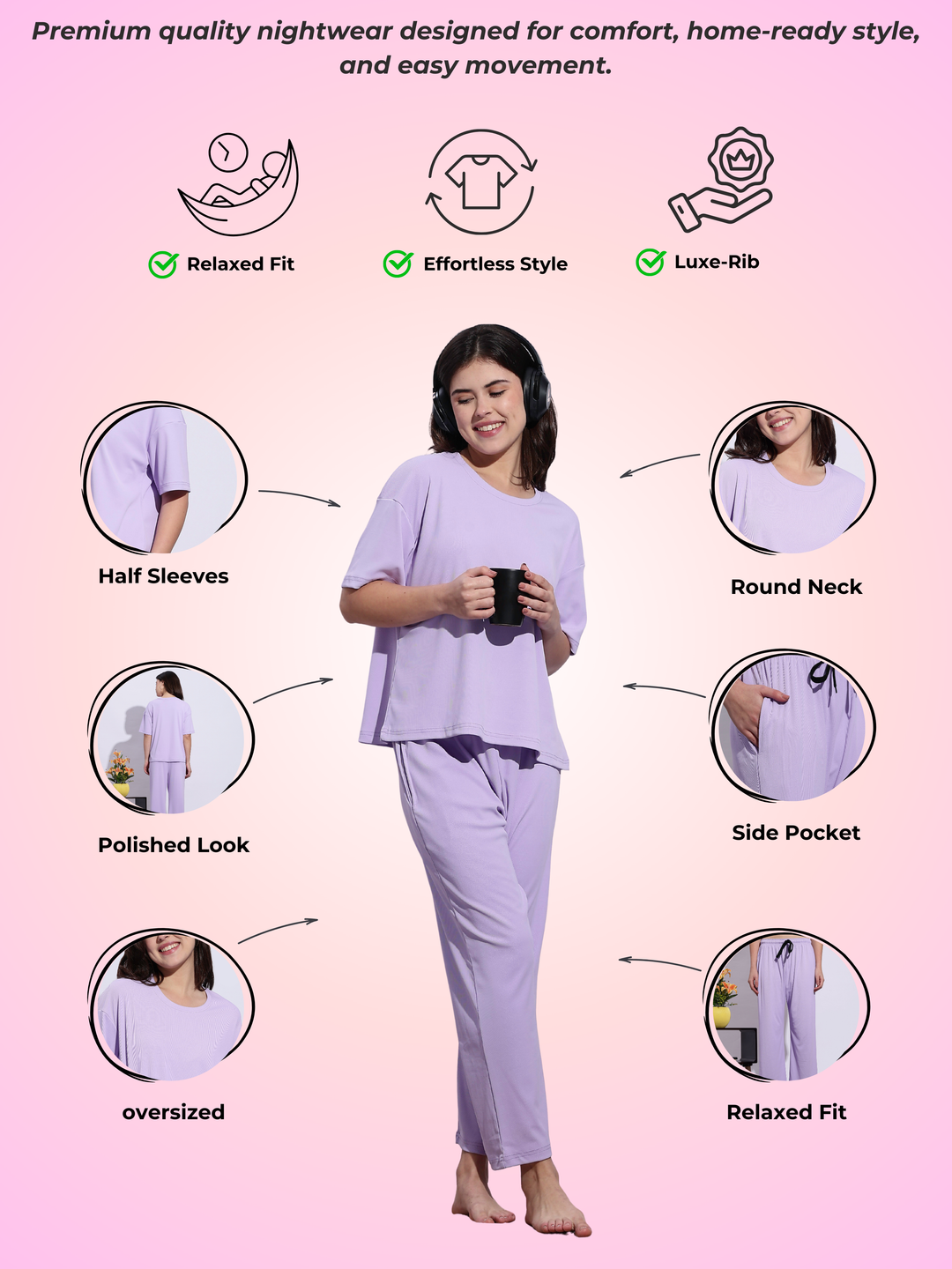 Lavender Mist Soft-Rib Solid PJ And Night Suit Set – Everyday Comfort