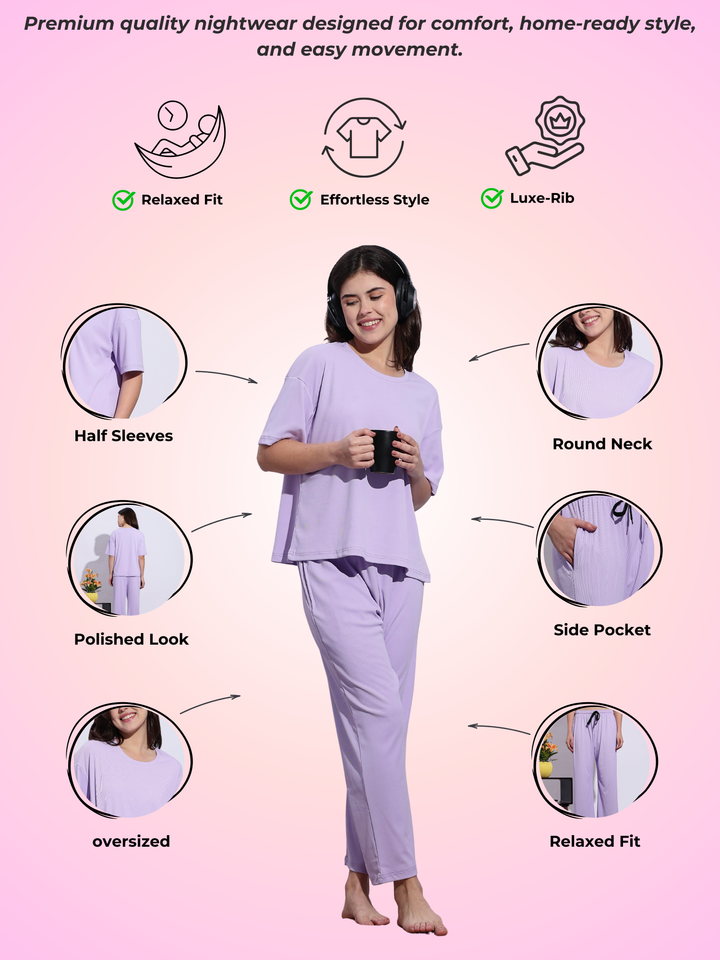 Lavender Mist Soft-Rib Solid PJ And Night Suit Set – Everyday Comfort