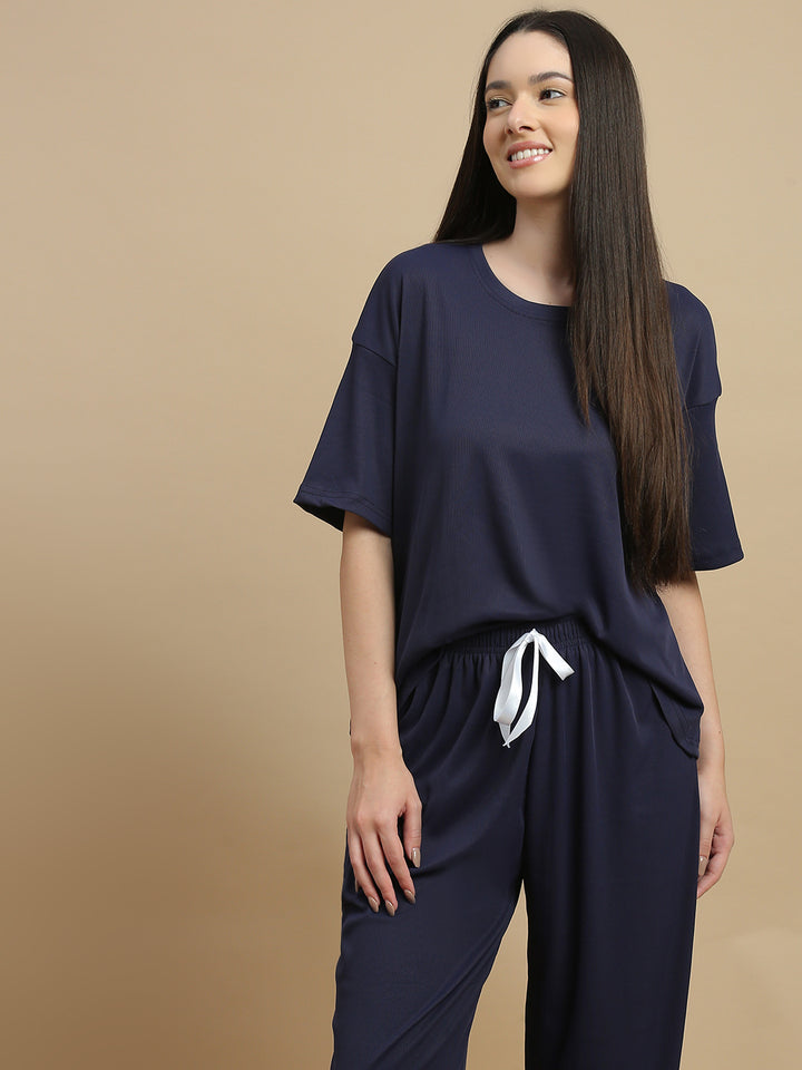 Blue Aura Solid Micro Rib Pyjama Set for Women