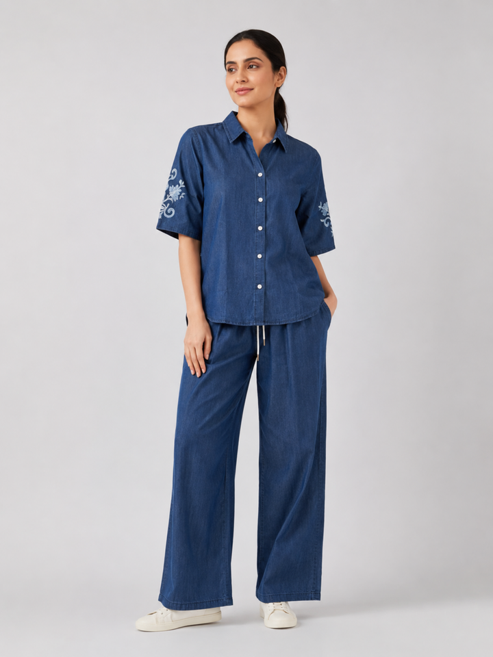 Light Blue Pure Cotton Denim Wash Co Ord Set for Women