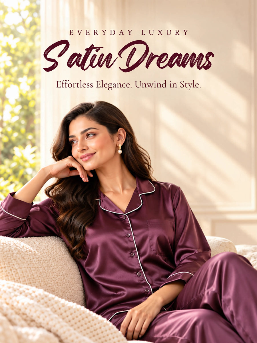 Coffee Nude Satin Long Sleeve Loungewear And Night Suit Set with Minimal Finish