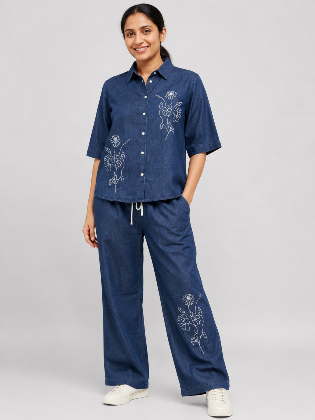 Light Blue Denim Co Ord Set for Women with Floral Design