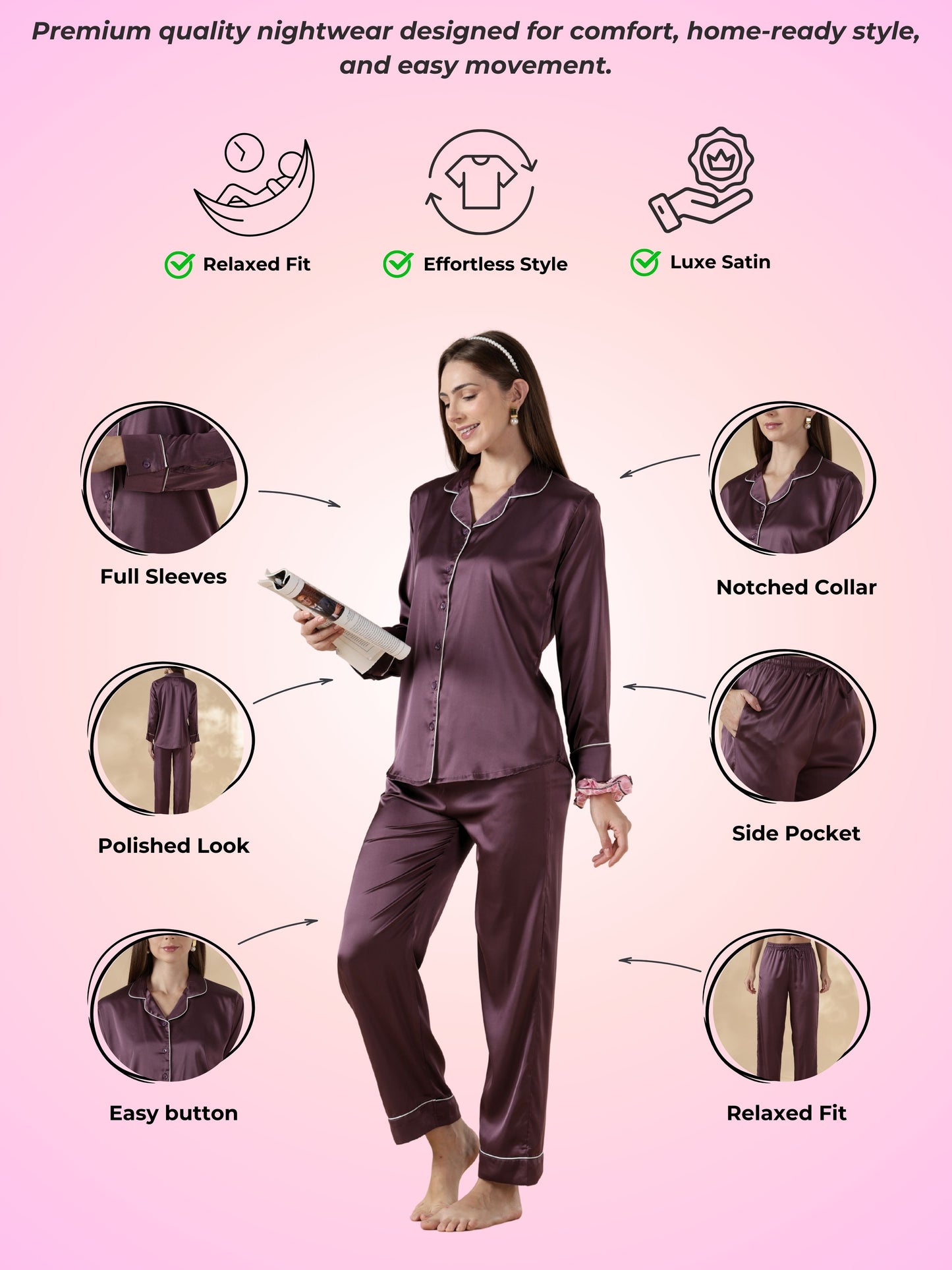 Lilac Mist Satin Long Sleeve Loungewear Set with Soft Flow