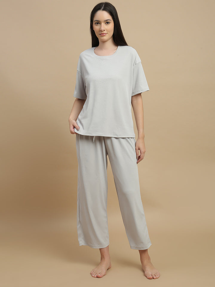 Pearl Grey Solid Micro Rib Pyjama Set for Women