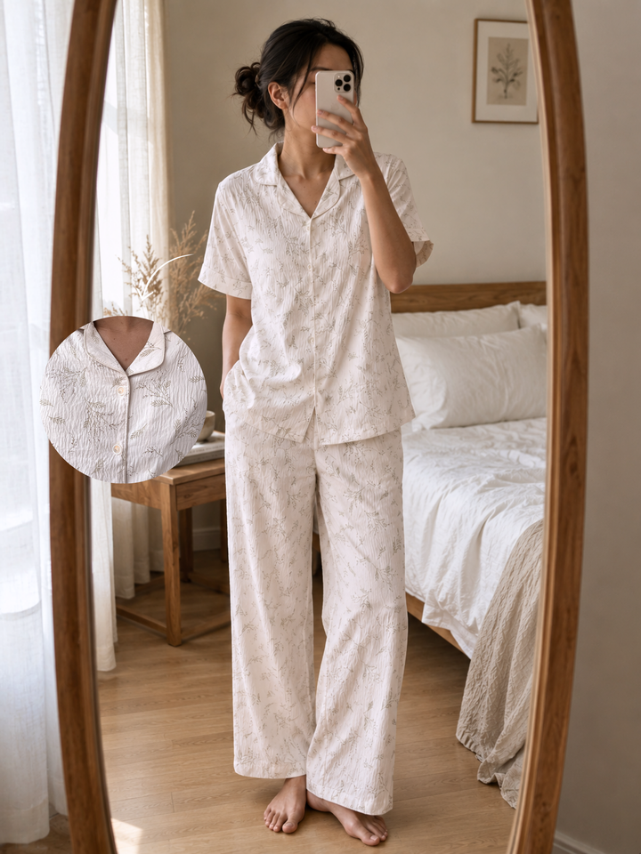 Peachy Dream Crush Fabric Botanical Sprig Print Korean Night Suit for Women