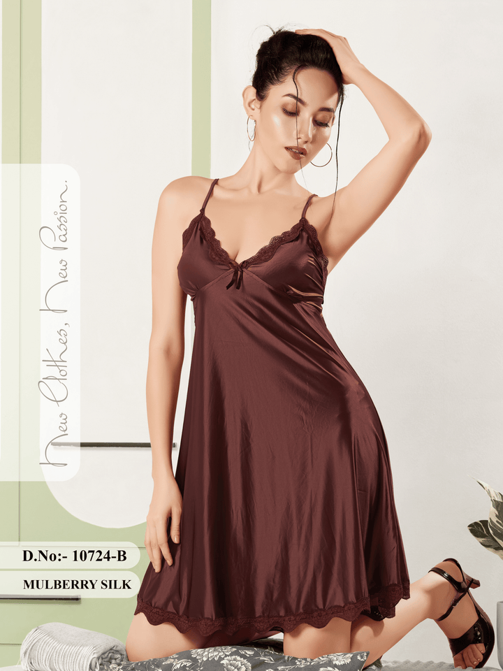 Brown Temptation Silk Babydoll Nightdress with Lace Hem
