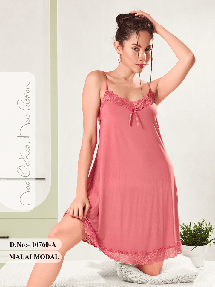 Coral Kiss Malai Modal Babydoll Dress with Floral Lace Hem