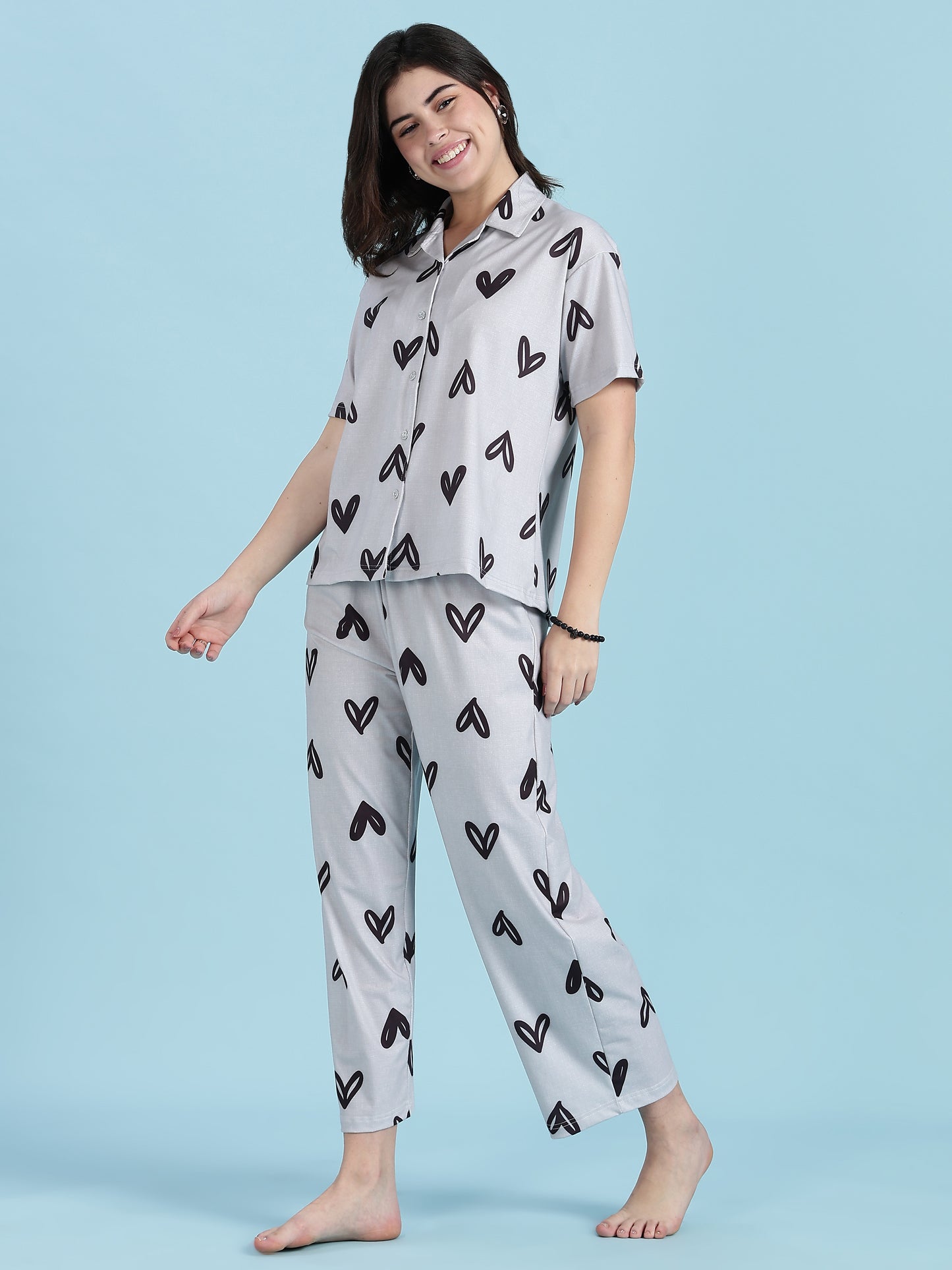 Snowy Heart Soft-Stretch Dreamy Button down Loungewear Set