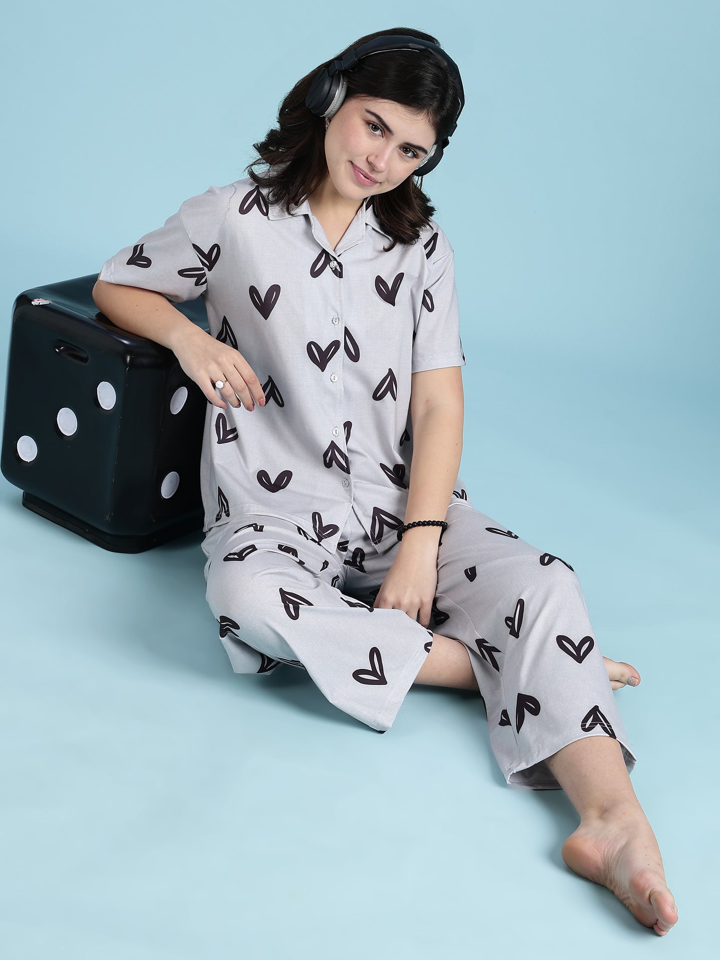 Snowy Heart Soft-Stretch Dreamy Button down Loungewear Set