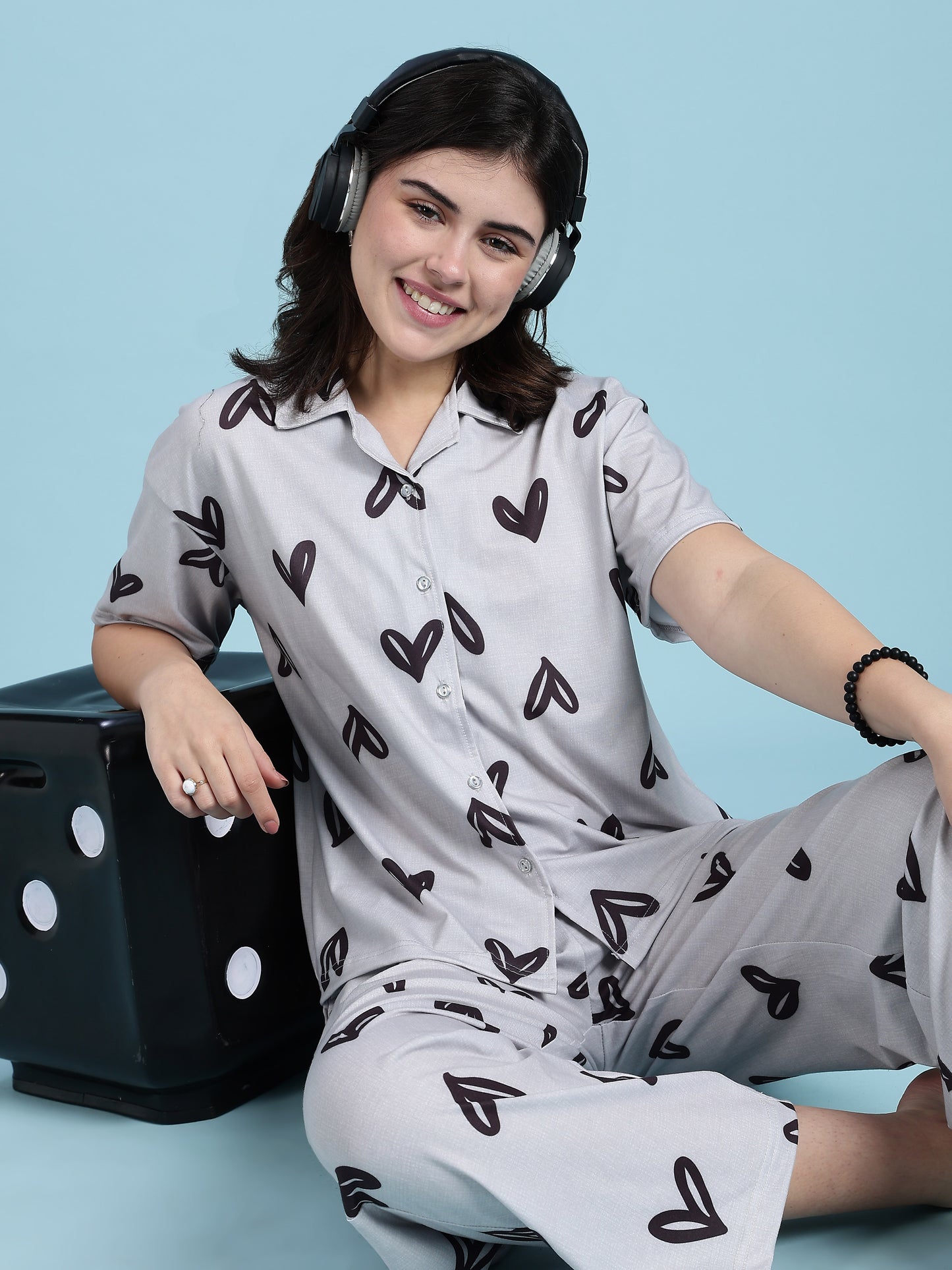 Snowy Heart Soft-Stretch Dreamy Button down Loungewear Set