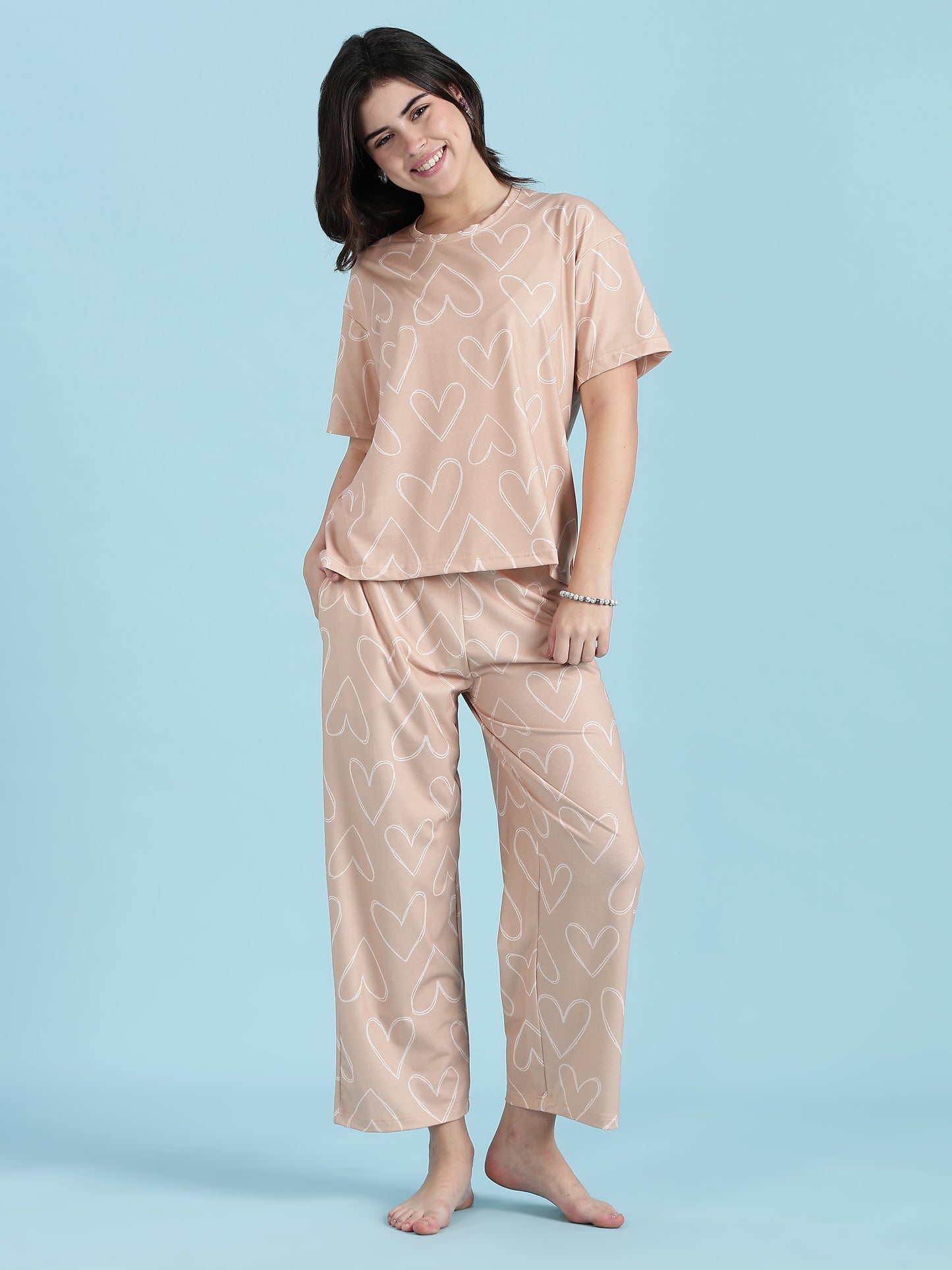 Creamy Heart Dream-Soft Lycra PJ Set for Teens
