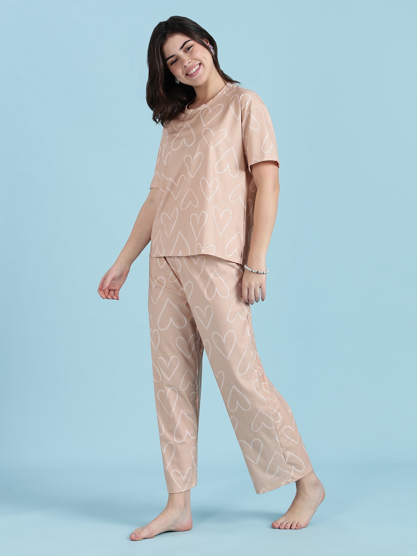 Creamy Heart Dream-Soft Lycra PJ Set for Teens